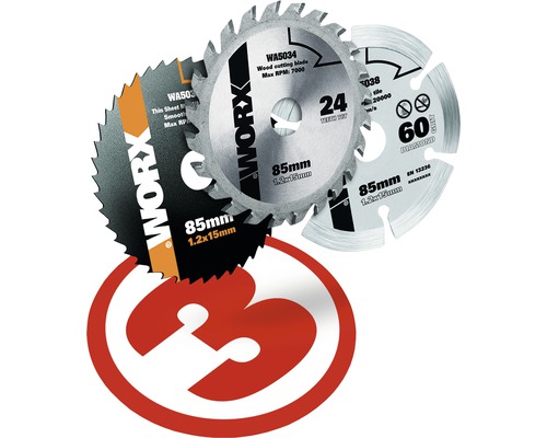 Logo Worx s tromi rôznymi pílovými kotúčmi na drevo, tenké plechy a dlaždice, priemer 85 mm
