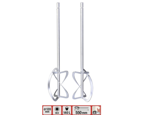 Dve miešadlá na maltu, priemer 120 mm, šesťhranný úchyt, vhodné pre 140 litrov, dĺžka 550 mm