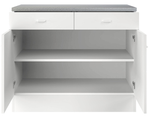 Skrinka pod umývadlo s dvomi zásuvkami, dvomi otvorenými dvierkami a policami