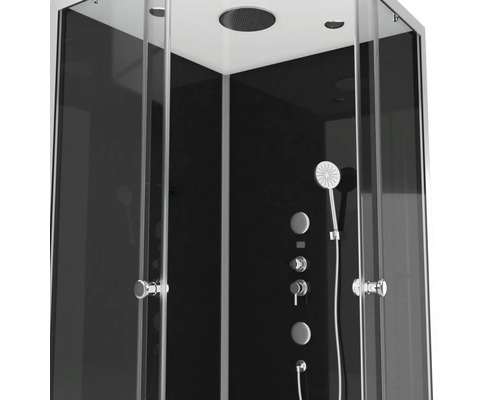 Sprchovací kabína so sprchovou hlavicou, armatúrami a sklenenými posuvnými dverami