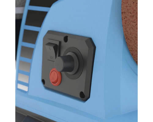 Detail brúsky s vypínačom, otočným gombíkom a núdzovým tlačidlom.