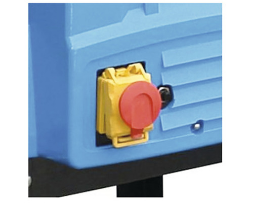 Detailný záber núdzového vypínača na zariadení.