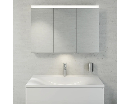 Kúpeľňa so zrkadlovou skrinkou, umývadlovou skrinkou a batériou