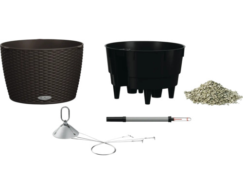 Obrázok prúteného kvetináča, vložky pre rastliny s nožičkami, drenážnej vrstvy, vlhkomeru a zavlažovacieho systému.