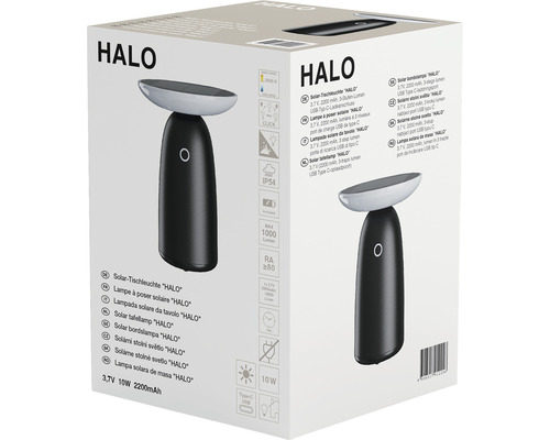 Balenie čiernej solárnej stolnej lampy Halo