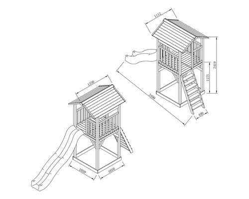 Technický nákres detského hracieho domčeka so šmýkačkou a rebríkom s rozmermi