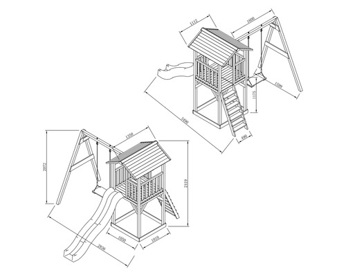 Technický nákres hracej veže s hojdačkou a šmýkačkou s rozmermi.