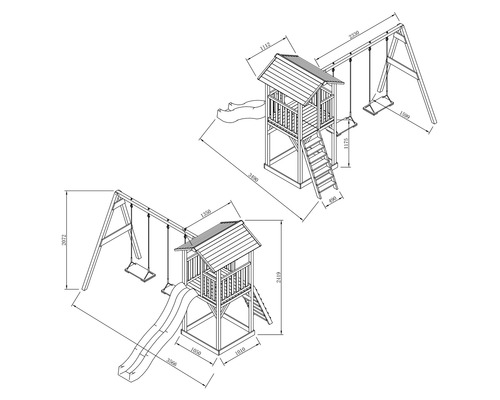 Technický nákres detského ihriska s vežou, hojdačkou a šmýkačkou s rozmermi