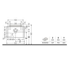 Technický nákres umývadla s rozmermi v milimetroch