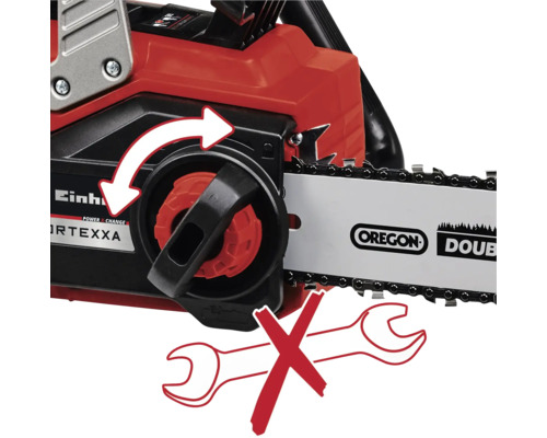 Jednoručná reťazová píla s napínacím kolieskom na napínanie reťaze bez použitia náradia