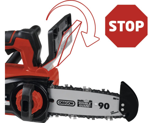 Ilustrácia reťazovej píly s bezpečnostnými prvkami a značkou stop.