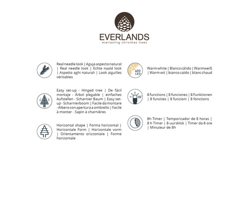 Logo Everlands, vždyzelené vianočné stromčeky, vzhľad ihličia, jednoduchá montáž, horizontálny tvar, 400 LED teplá biela, 8 funkcií, časovač na 8 hodín