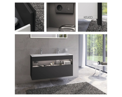 Moderná kúpeľňa s umývadlovou skrinkou, zrkadlom, zásuvkou a logom Keuco.