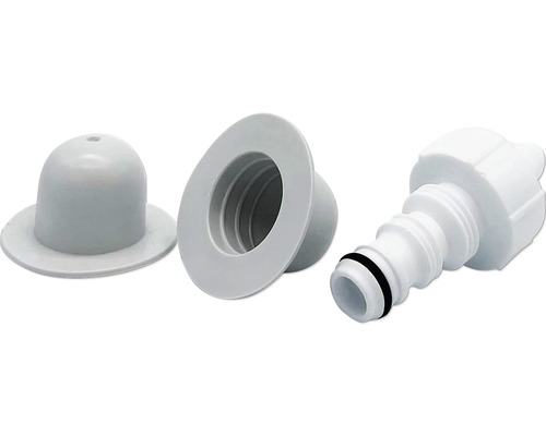 Tri plastové bazénové doplnky: vstupná tryska, priechodka stenou a hadicová prípojka