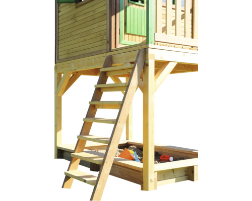 Drevený domček na hranie s pieskoviskom a rebríkom