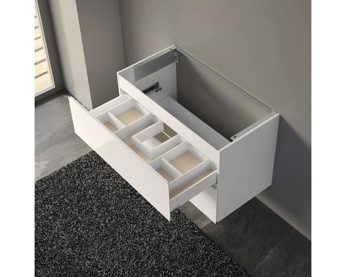 Biela skrinka pod umývadlo so zásuvkami na dizajn kúpeľne