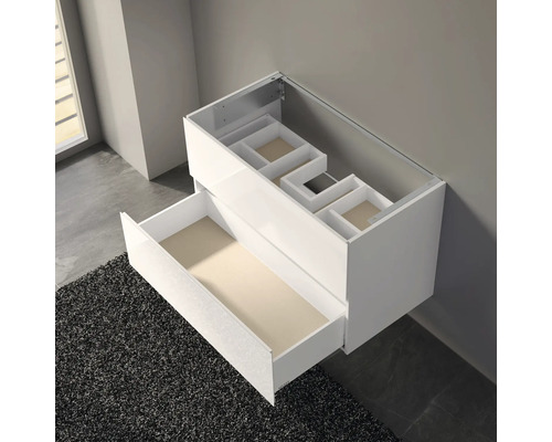 Závesná skrinka pod umývadlo so zásuvkou a vnútorným usporiadaním