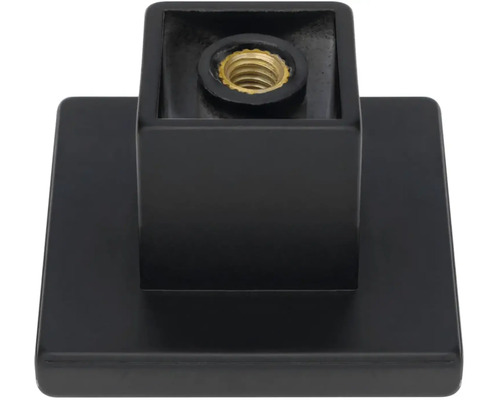 Čierny nábytkový gombík so štvorcovým tvarom a závitom.