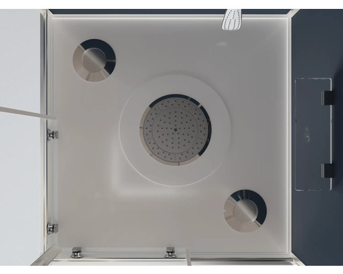 Pohľad do sprchovacieho boxu s hornou sprchou a masážnymi tryskami.