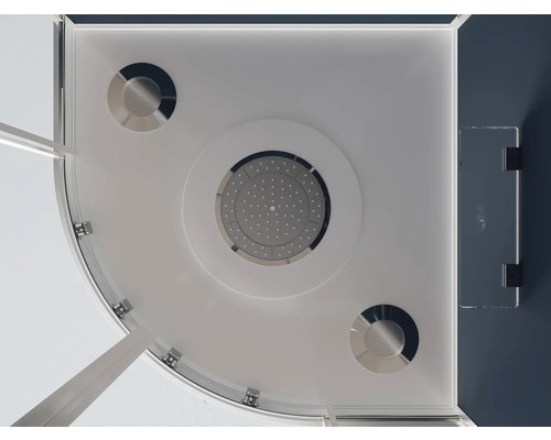 Pohľad zhora do sprchovacieho kúta s hlavovou sprchou a sklenenými dverami