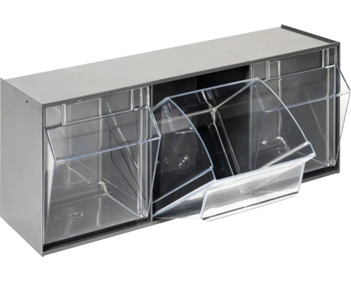 Regál na skladovacie boxy s priehľadnými zásuvkami na uskladnenie