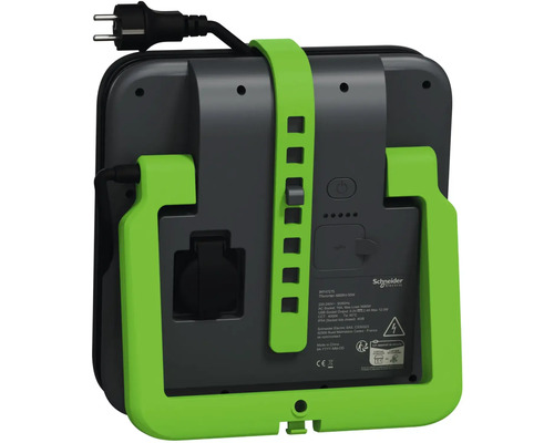 Logo Schneider Electric na prenosnej nabíjacej stanici pre elektrické vozidlá