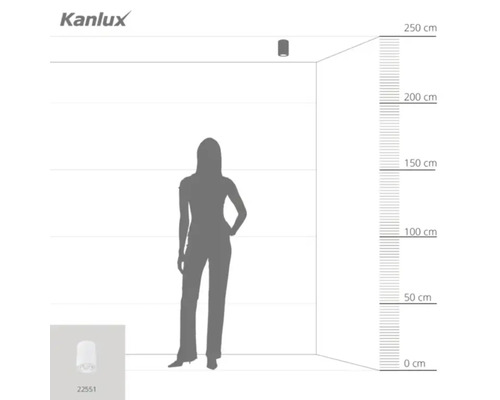 Diagram stropného svietidla s rozmermi a osobou pre porovnanie veľkosti