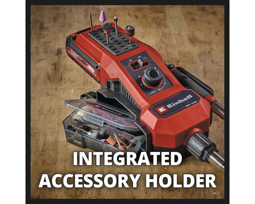 Logo spoločnosti Einhell. Multifunkčné náradie s integrovaným držiakom príslušenstva.