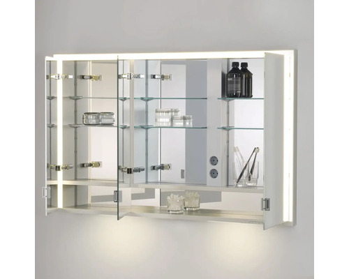 Zrkadlová skrinka s osvetlením a sklenenými policami na uloženie kúpeľňových potrieb