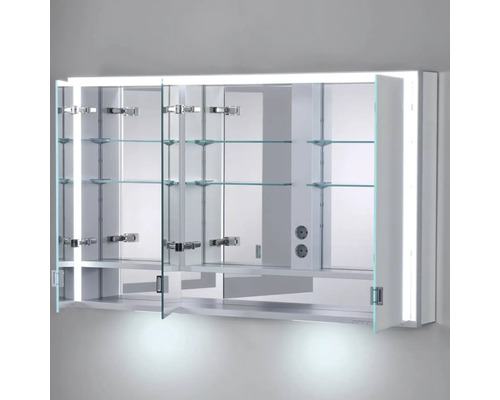 Osvetlená zrkadlová skrinka so sklenenými policami do kúpeľne