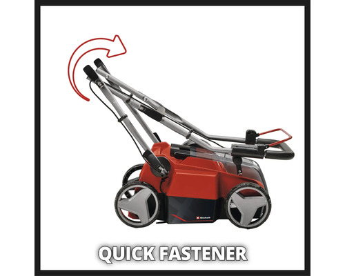 Logo spoločnosti Einhell. Skladacia kosačka na trávu s rýchloupínačmi.