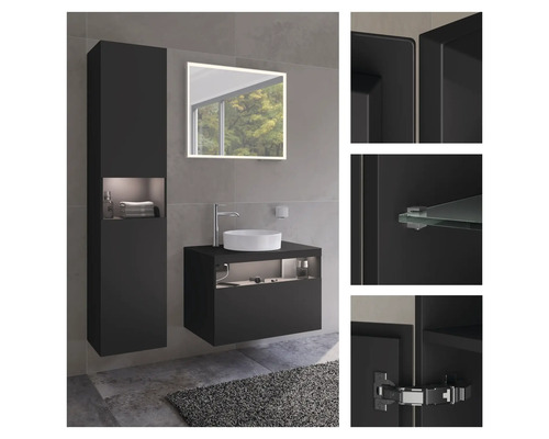 Moderný kúpeľňový komplet s umývadlom, zrkadlom a vysokou skriňou