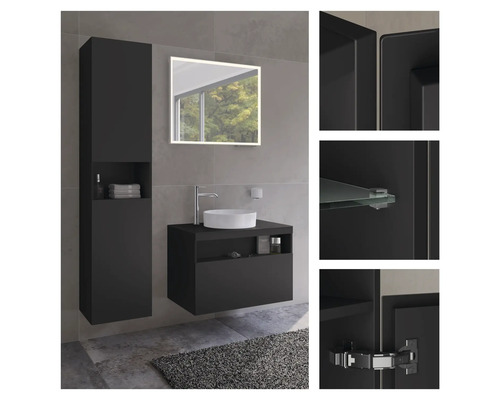 Moderný kúpeľňový komplet s umývadlom, umývadlovou misou, zrkadlovou skrinkou a vysokou skriňou