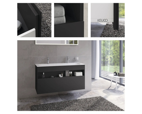 Moderná kúpeľňa s umývadlovou skrinkou, umývadlom na dosku a policou