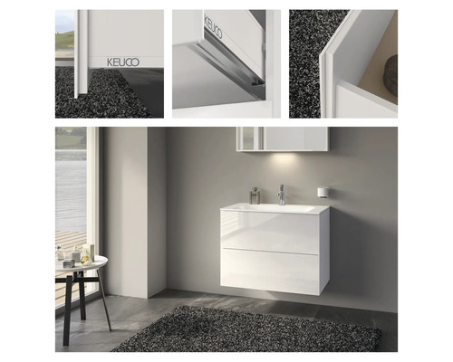 Kúpeľňa s bielou skrinkou pod umývadlo s dvoma zásuvkami a zodpovedajúcou zrkadlovou skrinkou