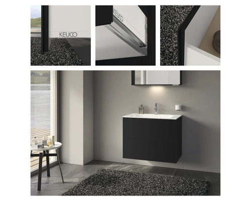 Kúpeľňa s čiernou skrinkou pod umývadlo, umývadlom a zrkadlom od firmy Keuco