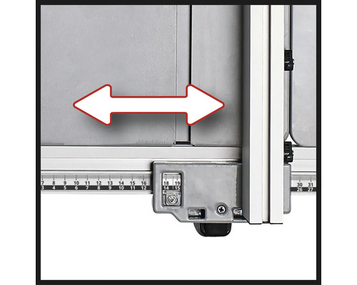 Nastavenie šírky rezu na rezacom stole so stupnicou a šípkami.