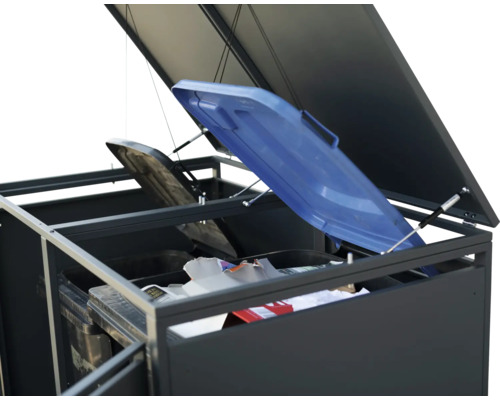 Box na smetné nádoby s otvorenými viečkami a smetnými nádobami