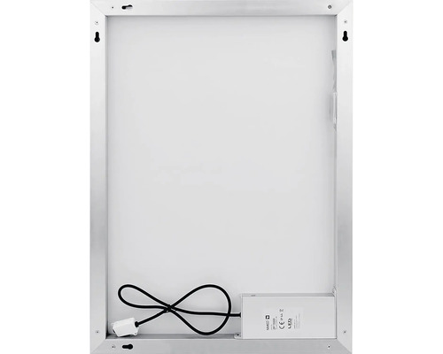 Zadná strana obdĺžnikového LED zrkadla so strieborným rámom, závesom a napájacím káblom