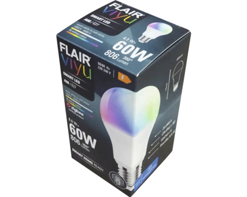 Balenie inteligentnej LED žiarovky Flair Viyu A60 E27 s výkonom 8,5 W, ekvivalentom 60 W a svietivosťou 806 lúmenov