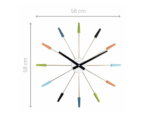 Nástenné hodiny s farebnými značkami s rozmermi 58 x 58 centimetrov