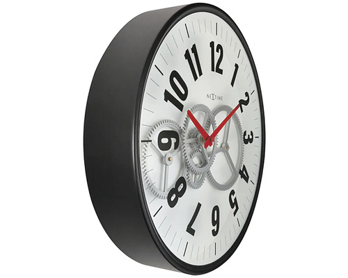 Nástenné hodiny s viditeľným strojčekom a čiernym rámom