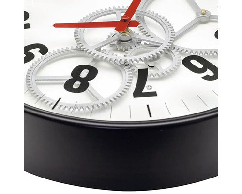 Nástenné hodiny s otvoreným hodinovým strojčekom, čiernym rámom a červenou ručičkou