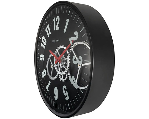 Čierne nástenné hodiny s dizajnom ozubeného kolesa