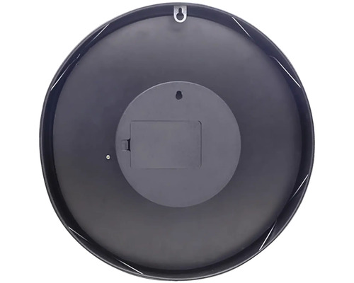 Zadná strana okrúhlych nástenných hodín s priestorom pre batérie a závesným zariadením