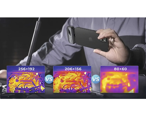 Ruka drží smartfón s nástavcom termokamery a porovnáva rôzne rozlíšenia