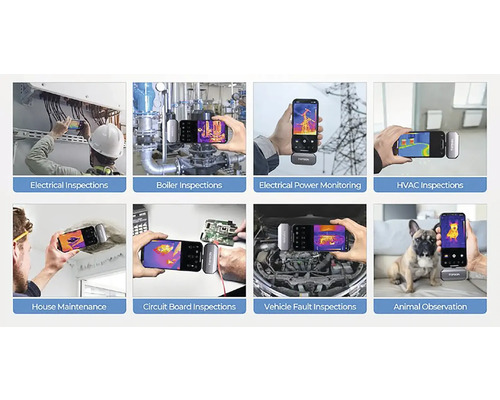 Príklady použitia termokamery: kontrola elektriky, kotlov, napájania, kúrenie-klimatizácia-ventilácia, údržba domu, dosiek plošných spojov, vozidiel a pozorovanie zvierat