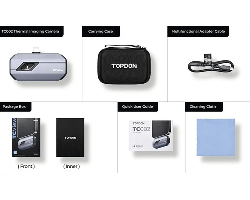Termokamera TC002 s puzdrom, multifunkčným adaptérovým káblom, balením, stručným návodom a čistiacou handričkou