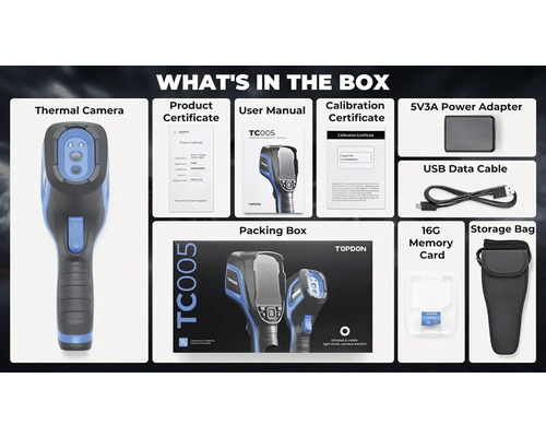 Obsah balenia: termokamera, certifikát produktu, používateľská príručka, kalibračný certifikát, napájací adaptér 5V3A, dátový kábel USB, pamäťová karta 16G a úložná taška.