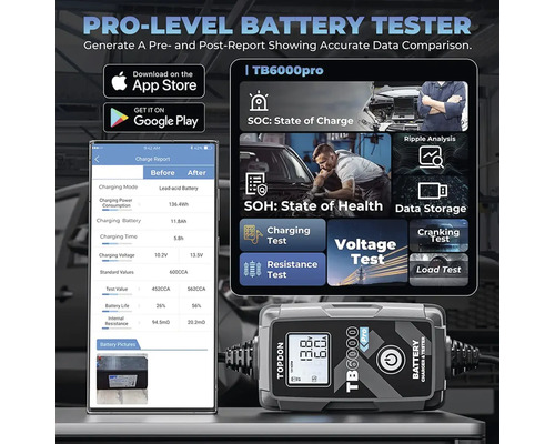 Tester batérií Topdon TB6000 Pro s funkciou aplikácie na generovanie správ pred a po testovaní